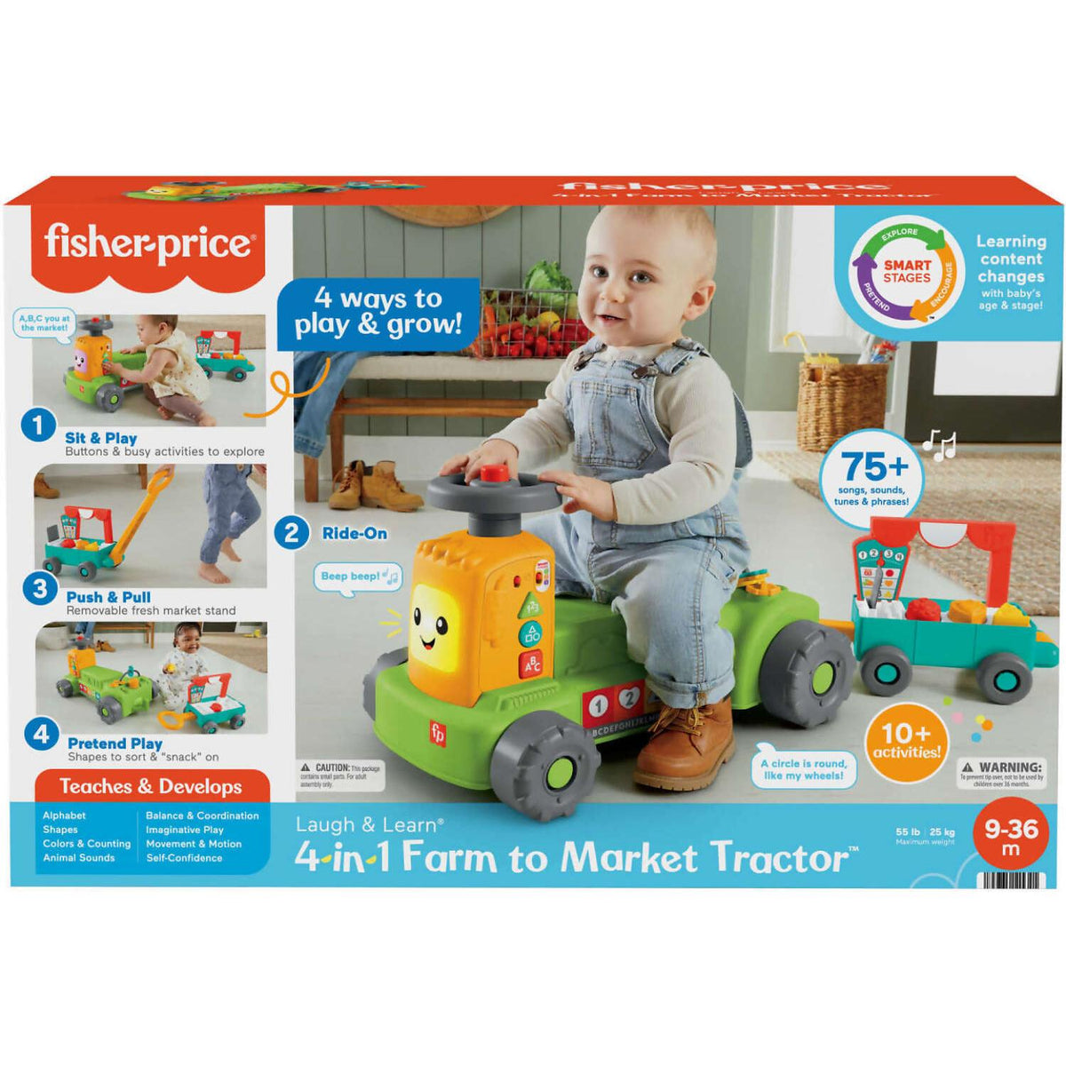 Fisher-Price - Laugh & Learn 4-in-1 Farm To Market Tractor Ride-on Learning Toy For Baby & Toddlers - Mattel
