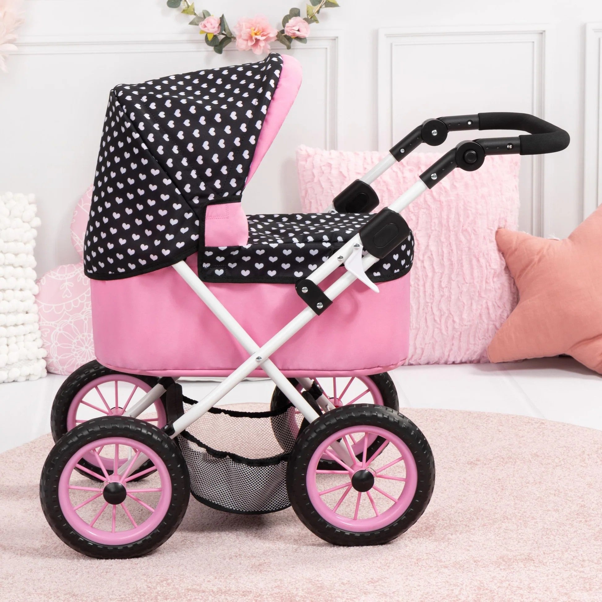 Bayer - Doll Pram Trendy Pink with Black Hood & Pink Bow