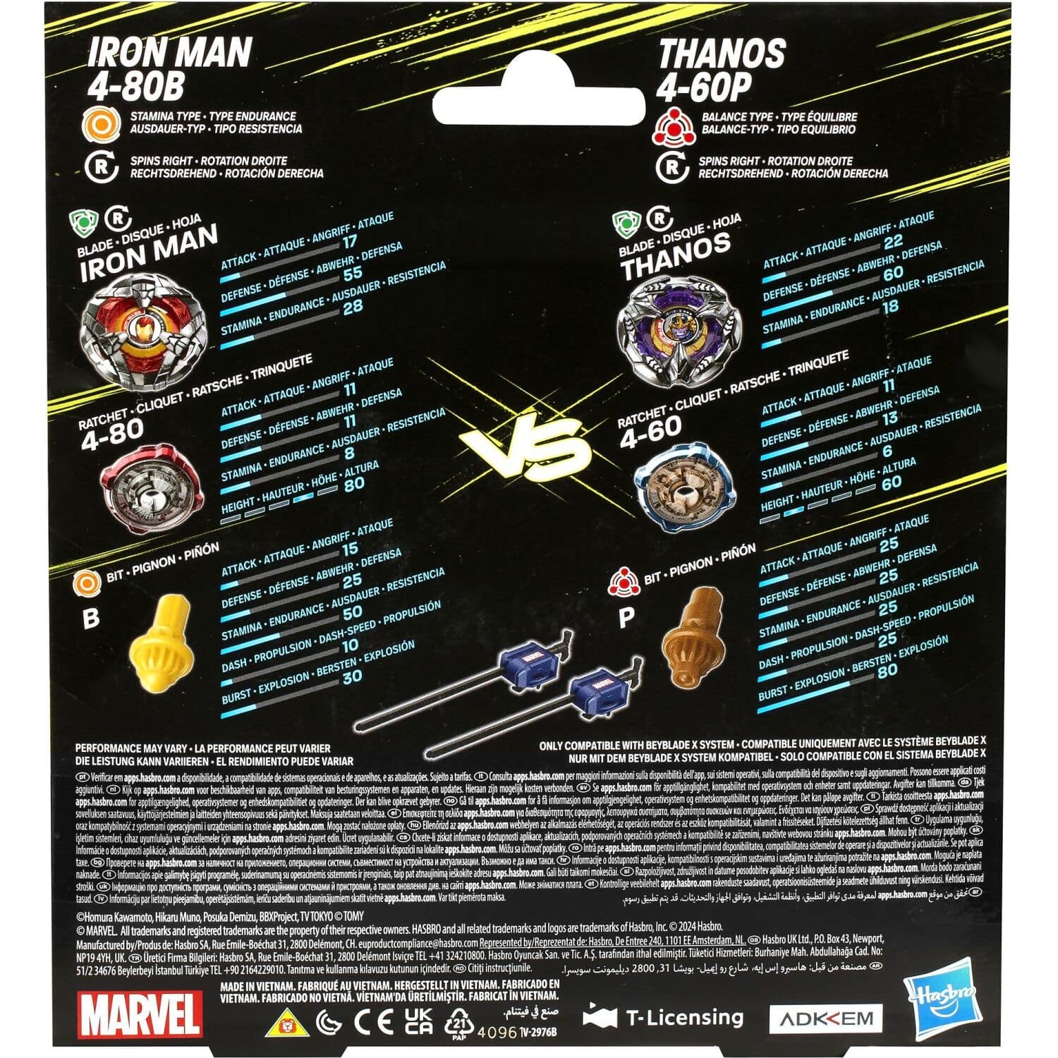 BEYBLADE X - Marvel Collab Iron Man 4-80B Vs. Thanos 4-60B Battle Tops Multipack Set With 2 Tops & 2 Launchers