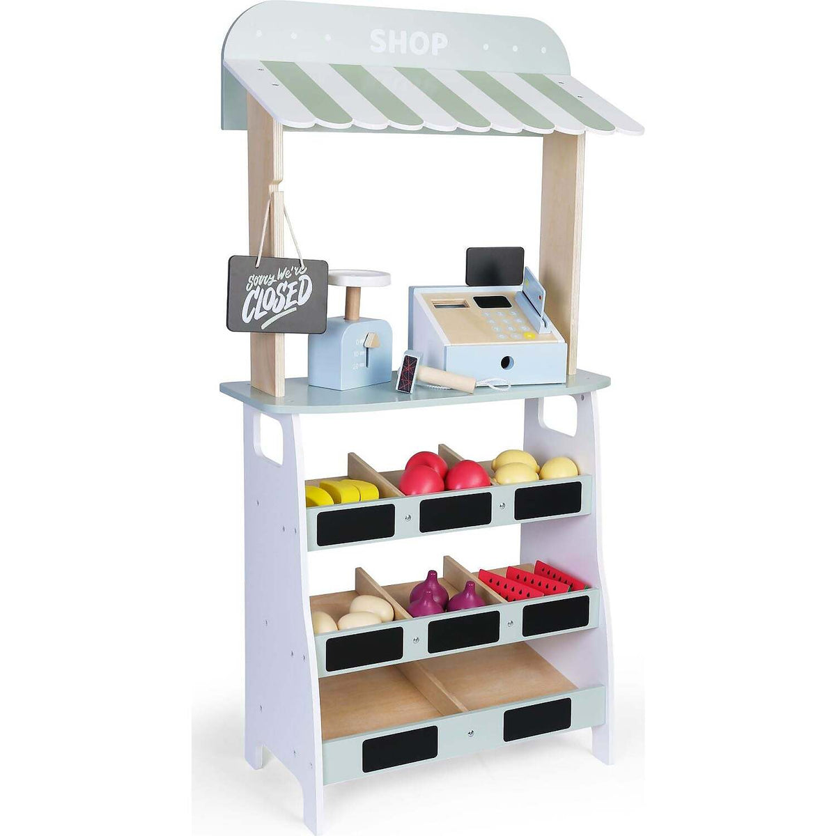 Edufun - Wooden Farmers Market Stand Farmers Shop with Play Fruit