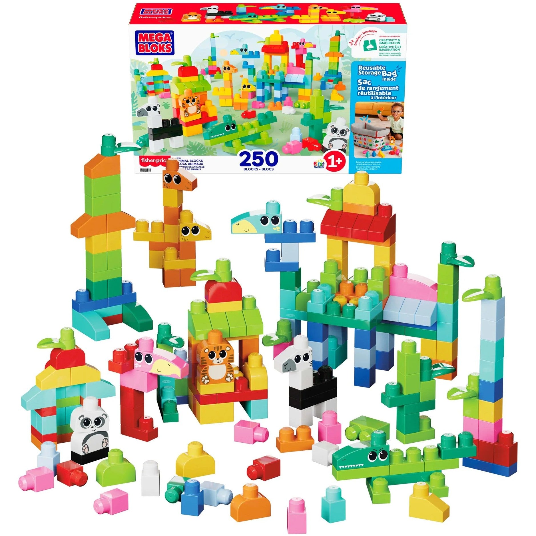 MEGA BLOKS - Fisher-Price Animal Blocks Building Toy with Storage 250 Blocks - Fisher-Price