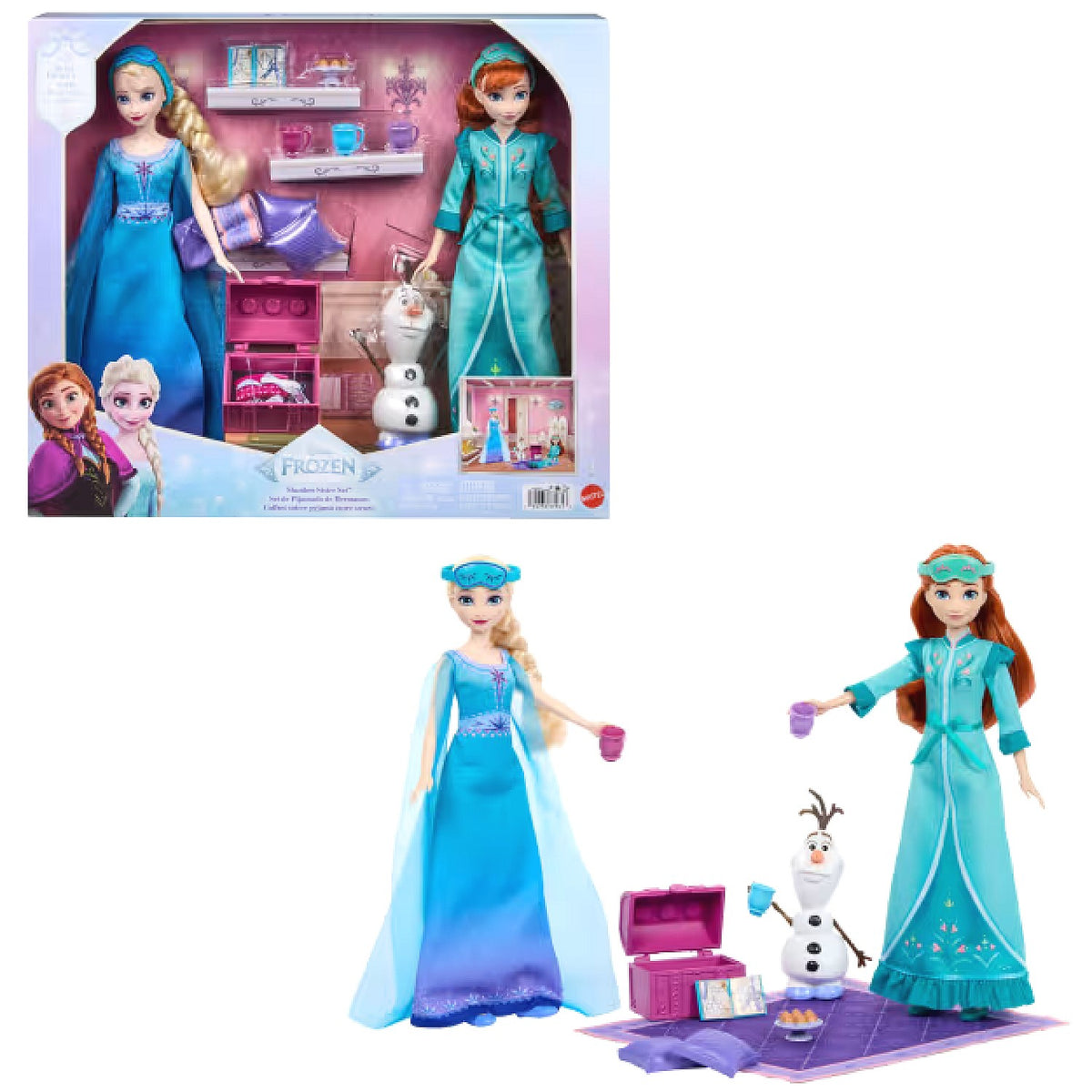 Disney - Frozen Slumber Sister Set with Anna & Elsa Fashion Dolls Olaf & 14 Accessories - Mattel
