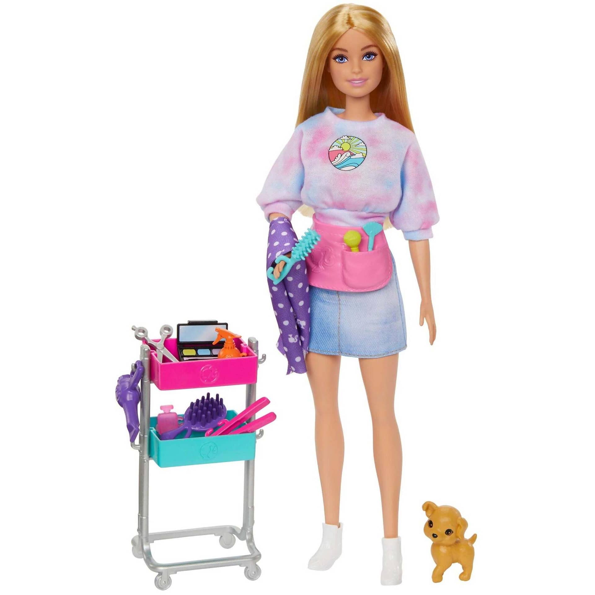 Barbie - malibu Stylist Doll & 14 Accessories Playset Hair & Makeup Theme With Puppy & Styling Cart - Mattel