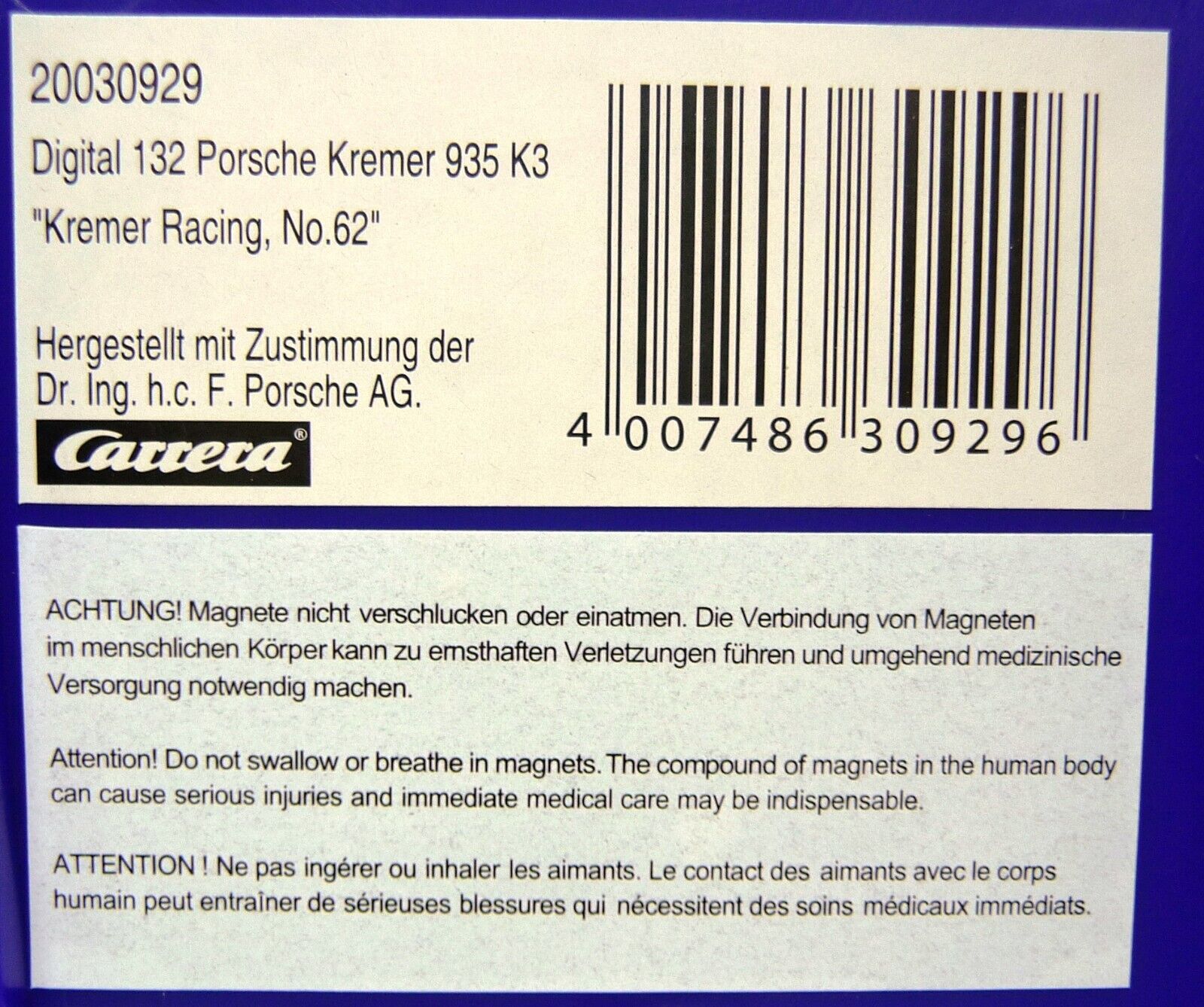 CARRERA - EVOLUTION 1:32 - PORSCHE KREMER 935 NO62 K3 - SLOT CAR ALSO SUITS SCALEXTRIC