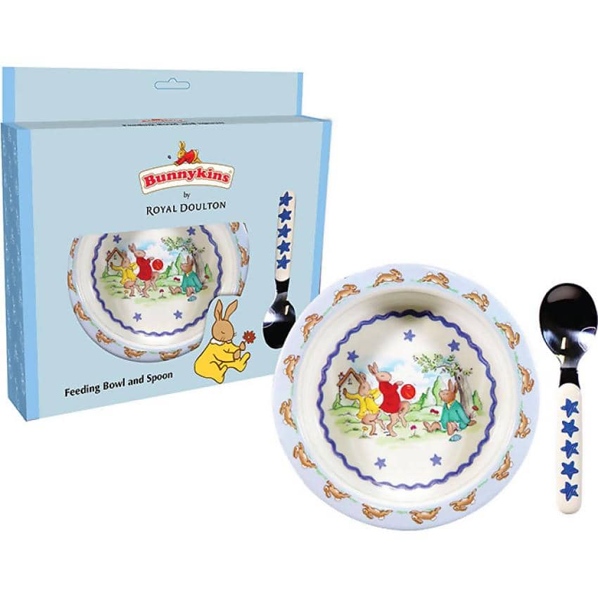 University Games - Bunnykins Feeding Bowl & Spoon - Shining Stars Design Blue By Royal Doulton