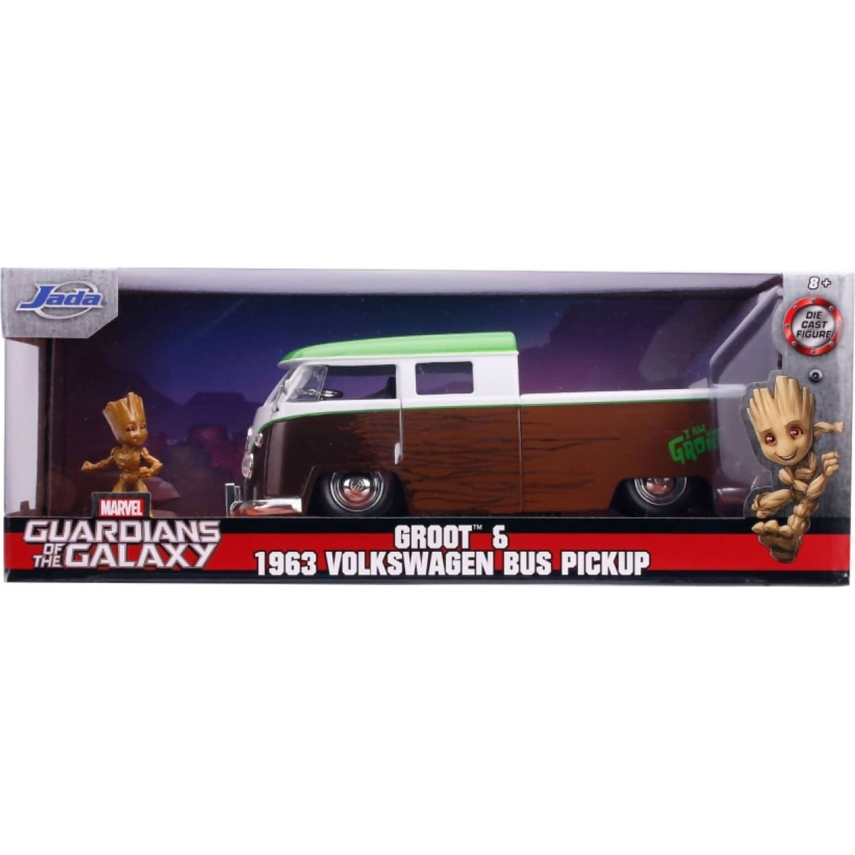 JADA TOYS - MARVEL 1963 VOLKSWAGON BUS PICKUP WITH GROOT 1:24 SCALE DIECAST VEHICLE & FIGURE SET