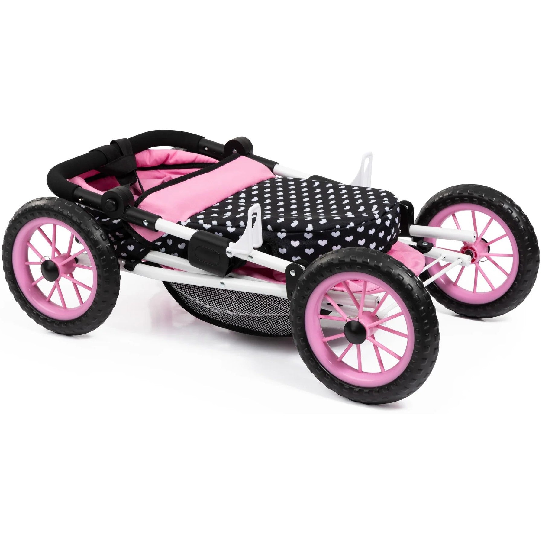 Bayer - Doll Pram Trendy Pink with Black Hood & Pink Bow