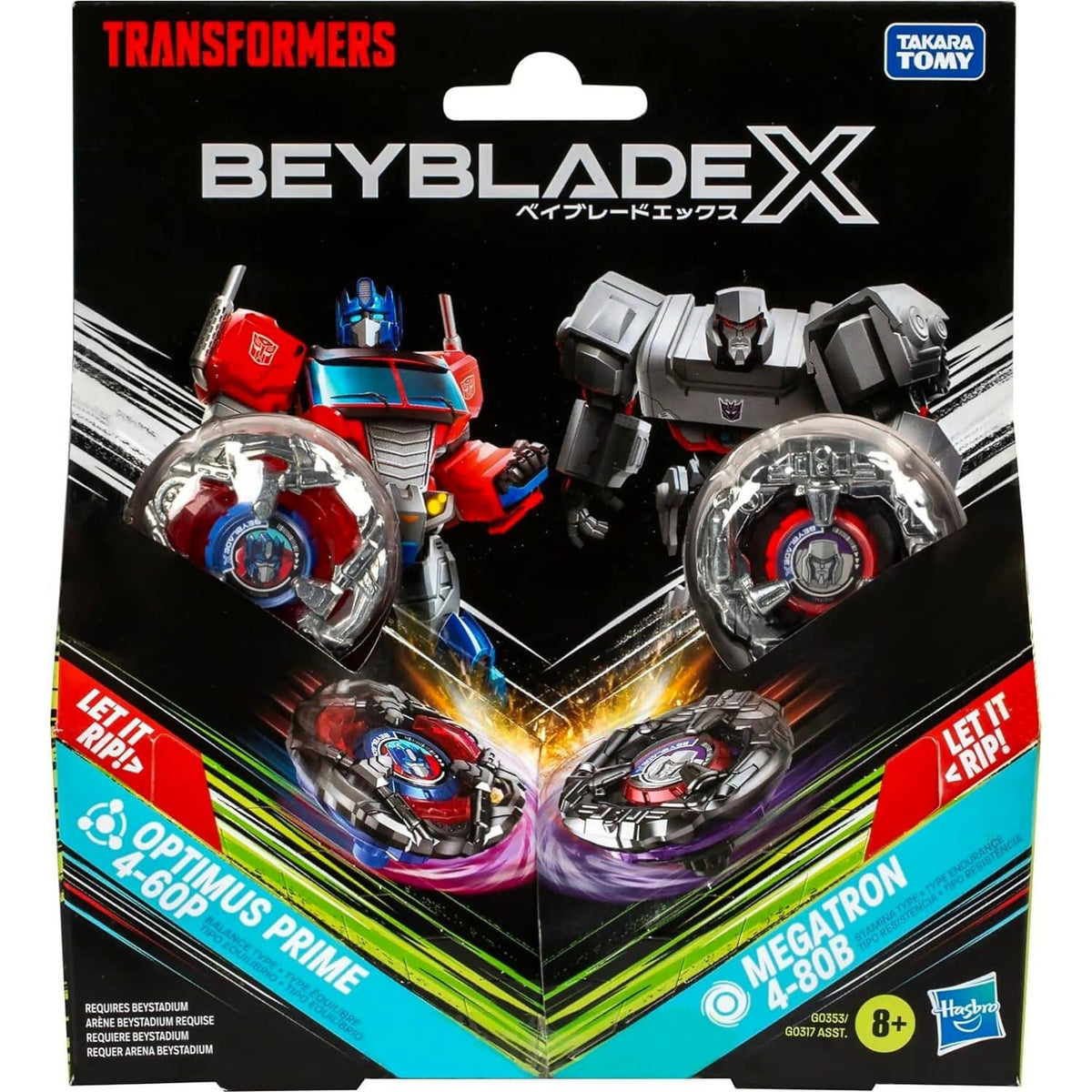 BEYBLADE X - Transformers Collab Optimus Prime 4-60P Vs. Megatron 4-80B Multipack Set With 2 Tops & 2 Launchers