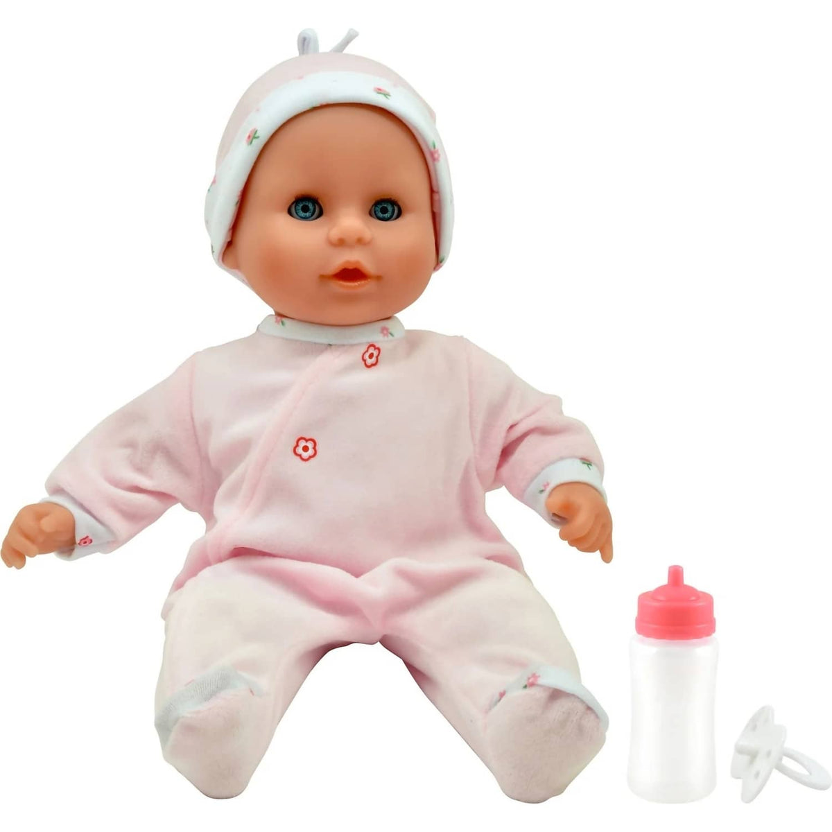 DollsWorld - Little Treasure Baby Doll & Accessories Pink Outfit - Soft Bean Bodied Doll 38cm