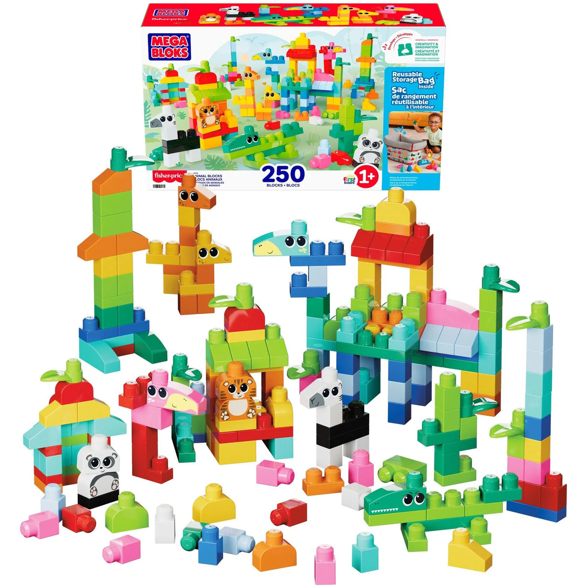 MEGA BLOKS - Fisher-Price Animal Blocks Building Toy with Storage 250 Blocks - Fisher-Price
