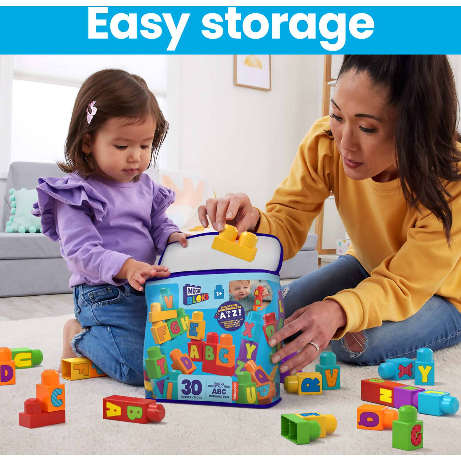 MEGA BLOKS - ABC Building Bag Block Toy With Storage 30 Pieces For Toddler - Fisher-Price