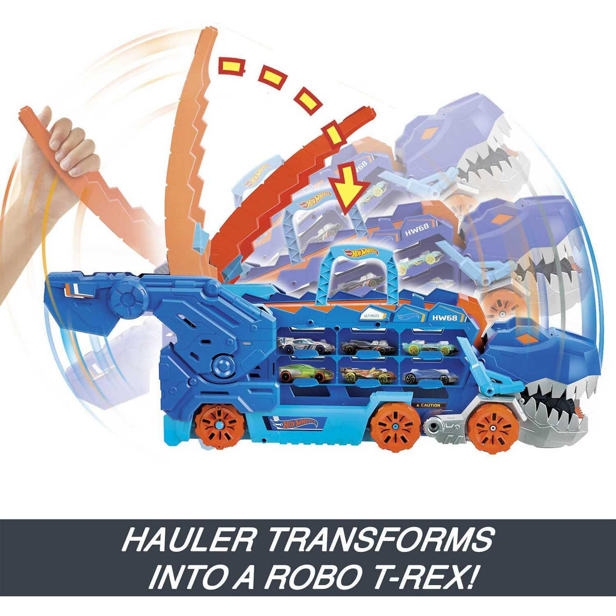 Hot Wheels - City Ultimate Hauler Transforms Into A T-rex With Race Track Stores 20+ Cars - Mattel