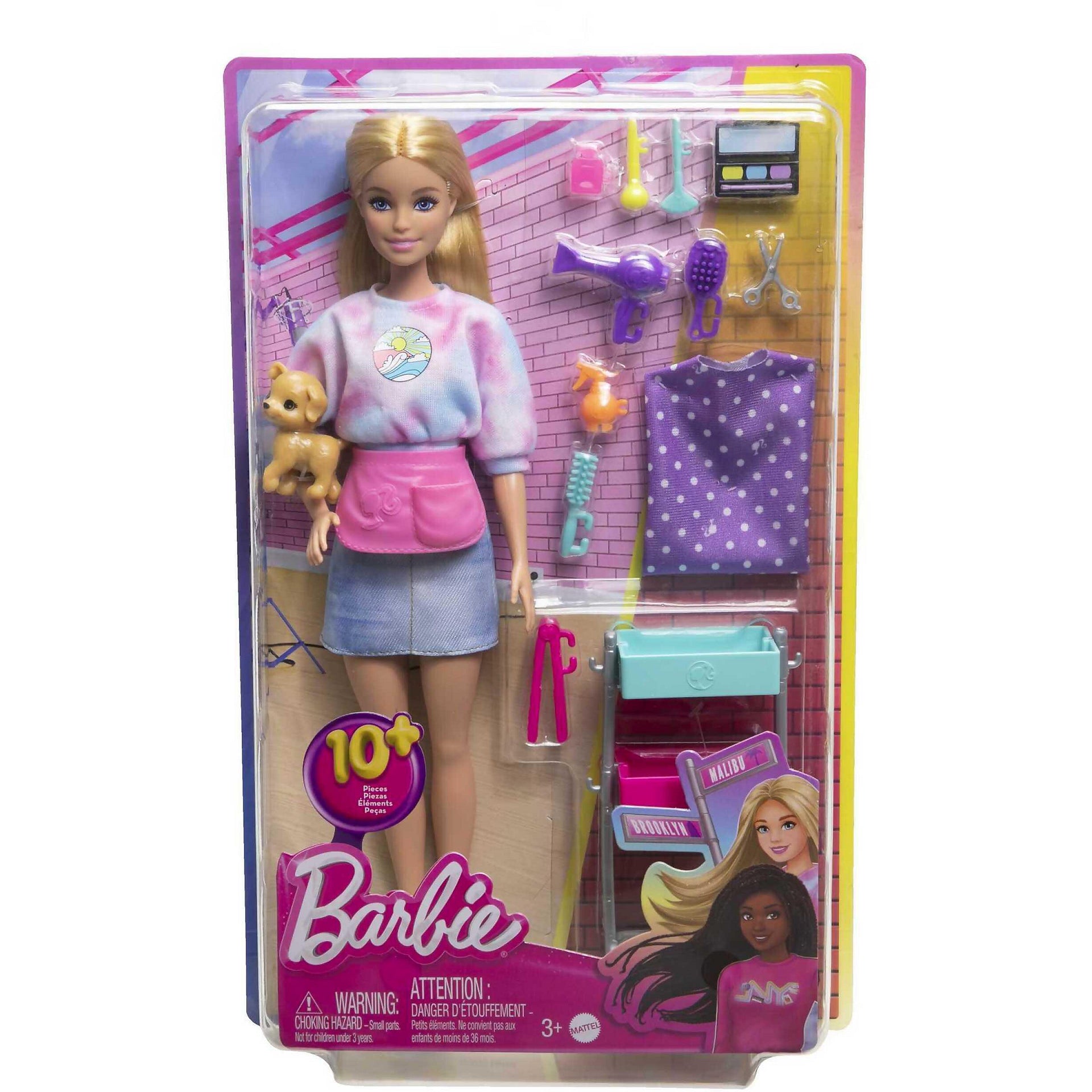Barbie - malibu Stylist Doll & 14 Accessories Playset Hair & Makeup Theme With Puppy & Styling Cart - Mattel