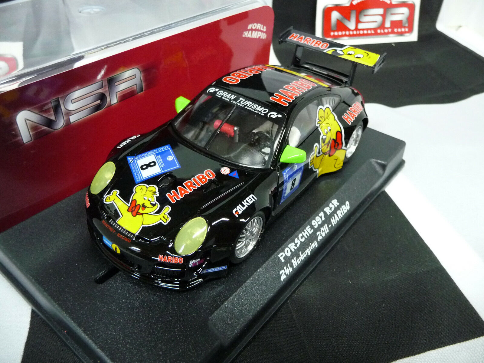 NSR - 1:32 0021AW PORSCHE 997 GT3 HARIBO NO.8 BLACK 2011 SLOT CAR ALSO SUITS SCALEXTRIC/CARRERA