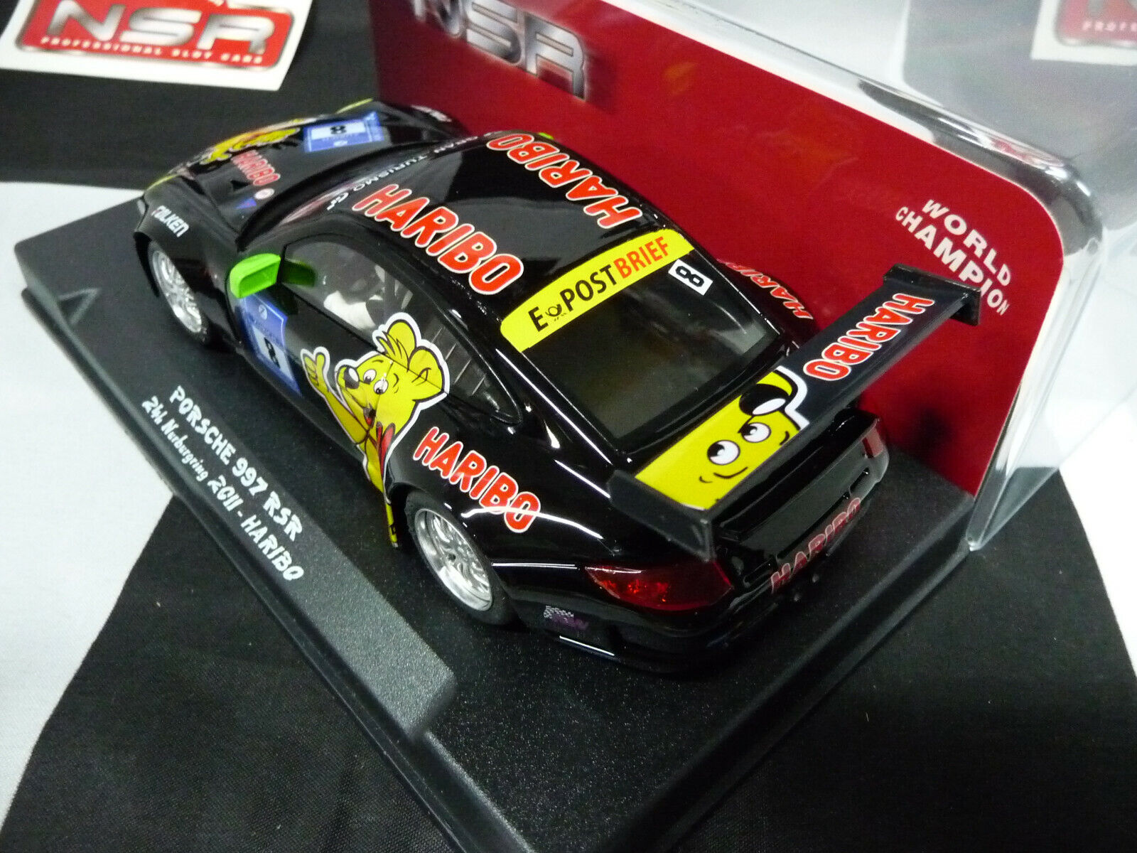 NSR - 1:32 0021AW PORSCHE 997 GT3 HARIBO NO.8 BLACK 2011 SLOT CAR ALSO SUITS SCALEXTRIC/CARRERA