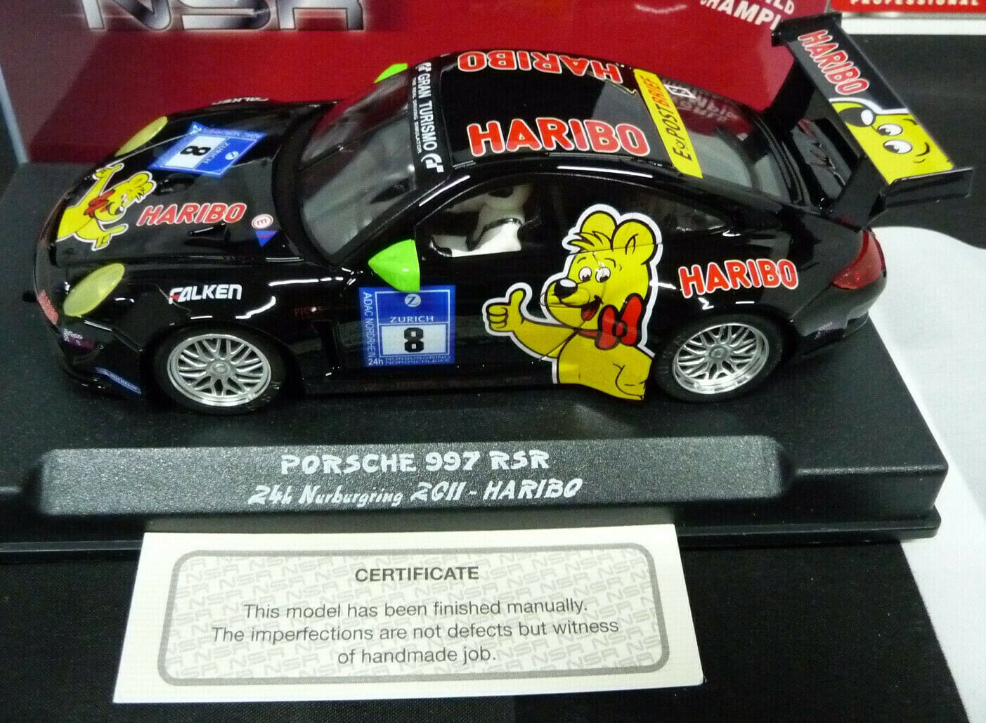 NSR - 1:32 0021AW PORSCHE 997 GT3 HARIBO NO.8 BLACK 2011 SLOT CAR ALSO SUITS SCALEXTRIC/CARRERA